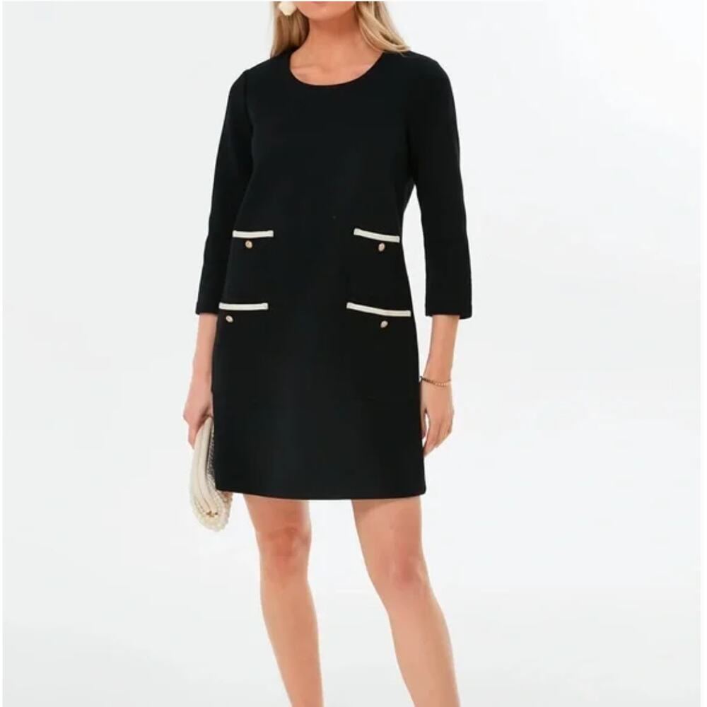 Tuckernuck Francois Black Mod Shift Dress Luxury Pockets 3/4 Sleeve Chic - Picture 7 of 12
